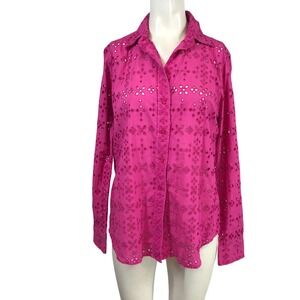 Lauren Ralph Lauren Magenta Pink Eyelet Embroidery Cotton Button Down Shirt M